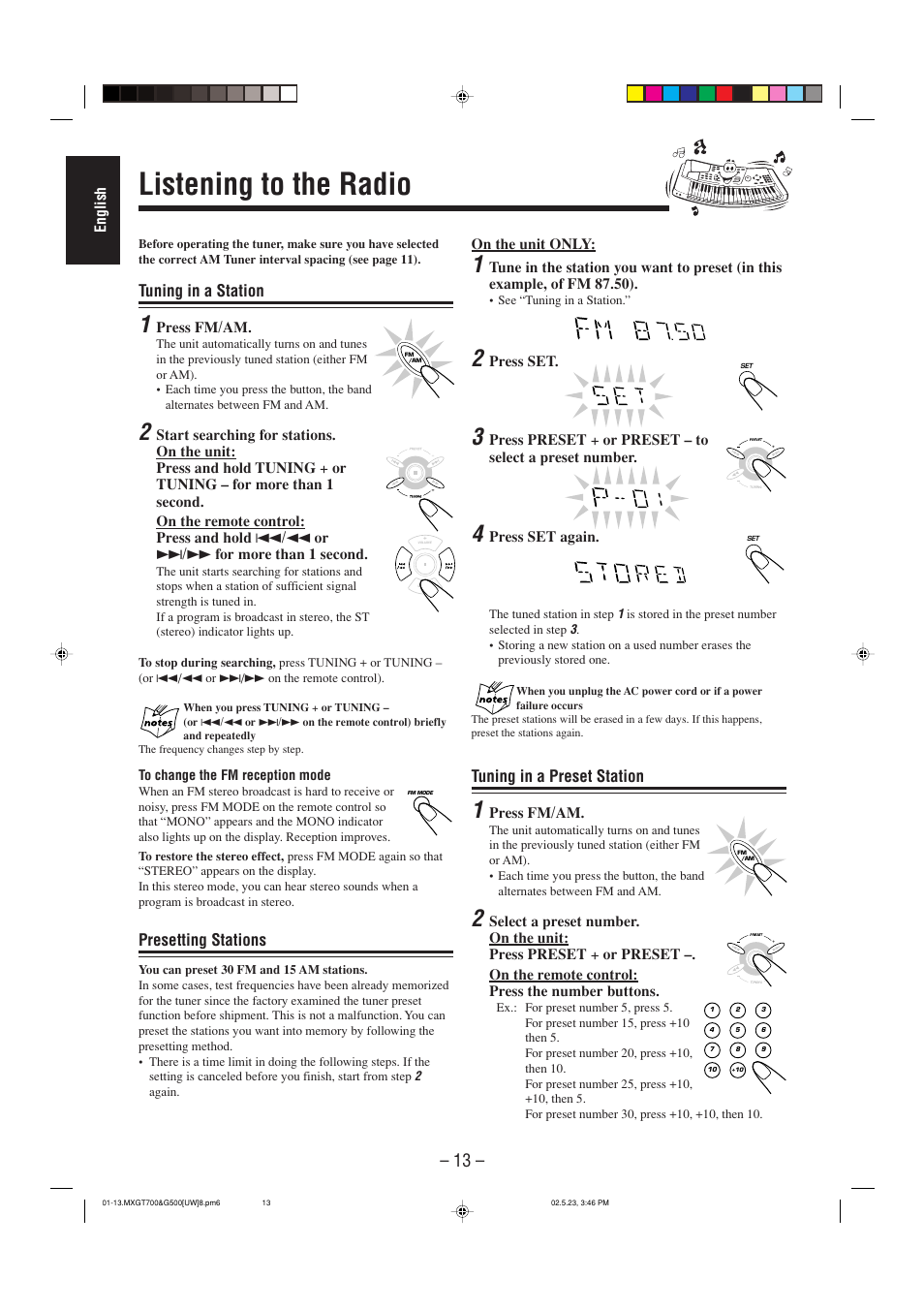 Listening to the radio, Tuning in a preset station, Tuning in a station | Presetting stations | JVC CA-MXGT700 User Manual | Page 50 / 70
