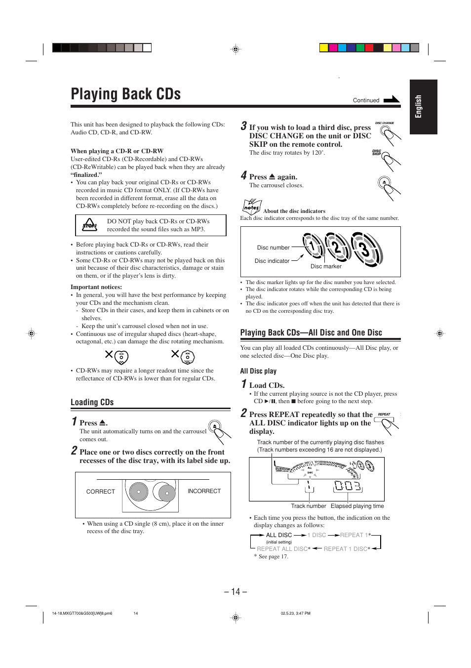 Playing back cds, Playing back cds—all disc and one disc, Loading cds | JVC CA-MXGT700 User Manual | Page 51 / 70