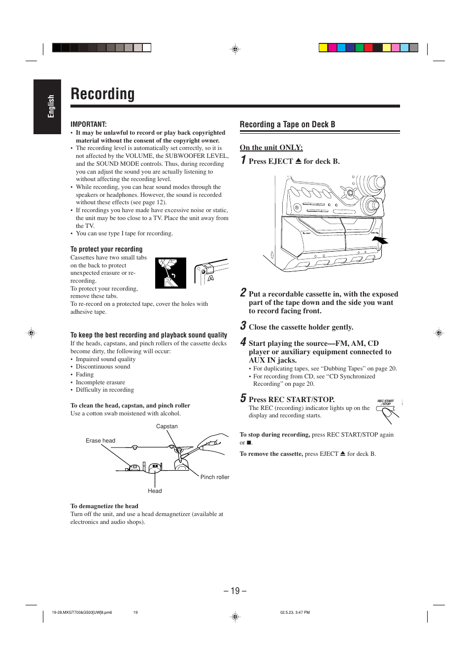 Recording | JVC CA-MXGT700 User Manual | Page 56 / 70