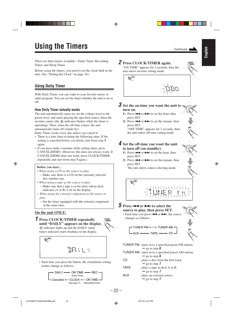 Using the timers, Using daily timer | JVC CA-MXGT700 User Manual | Page 59 / 70