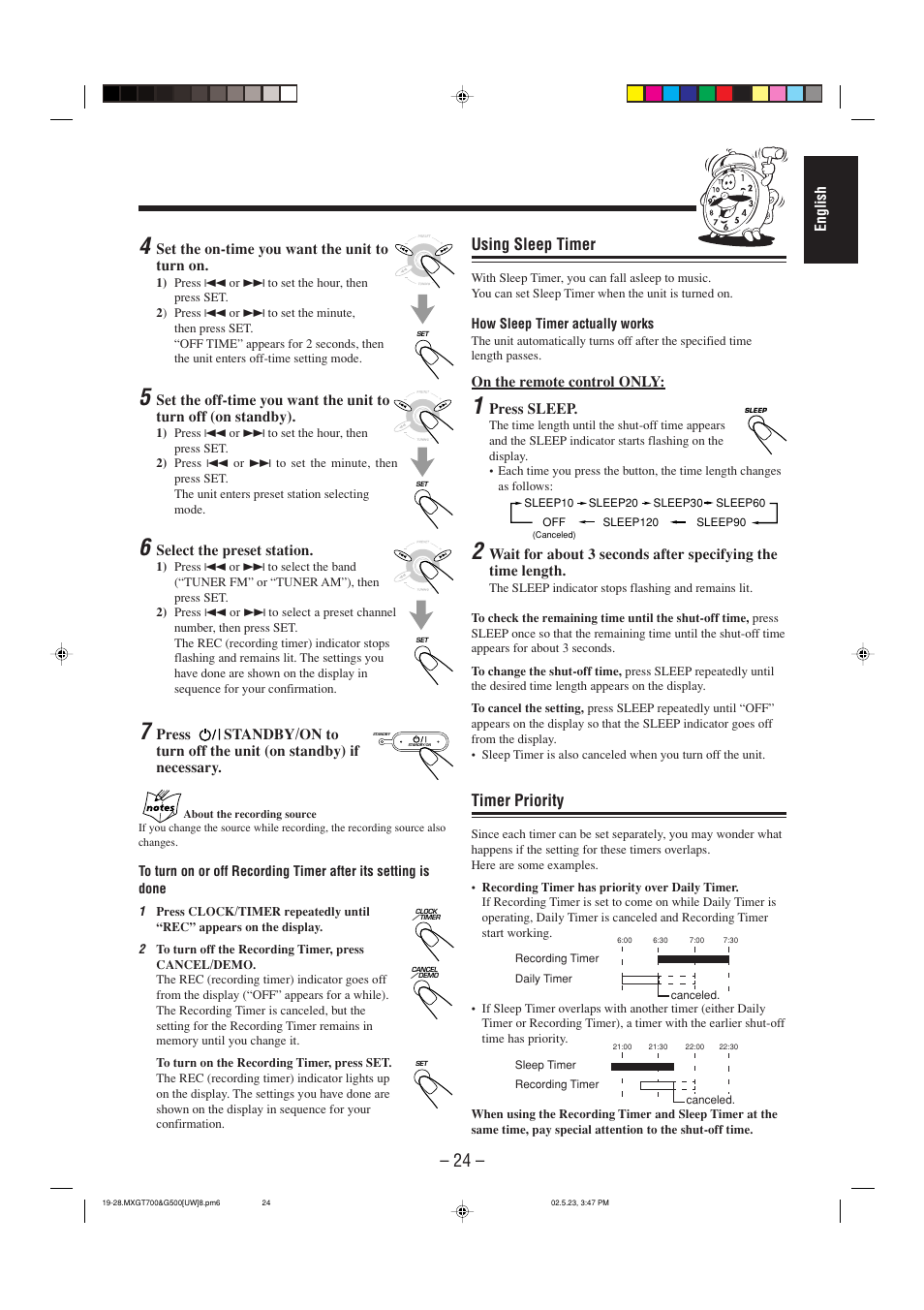 Using sleep timer, Timer priority | JVC CA-MXGT700 User Manual | Page 61 / 70