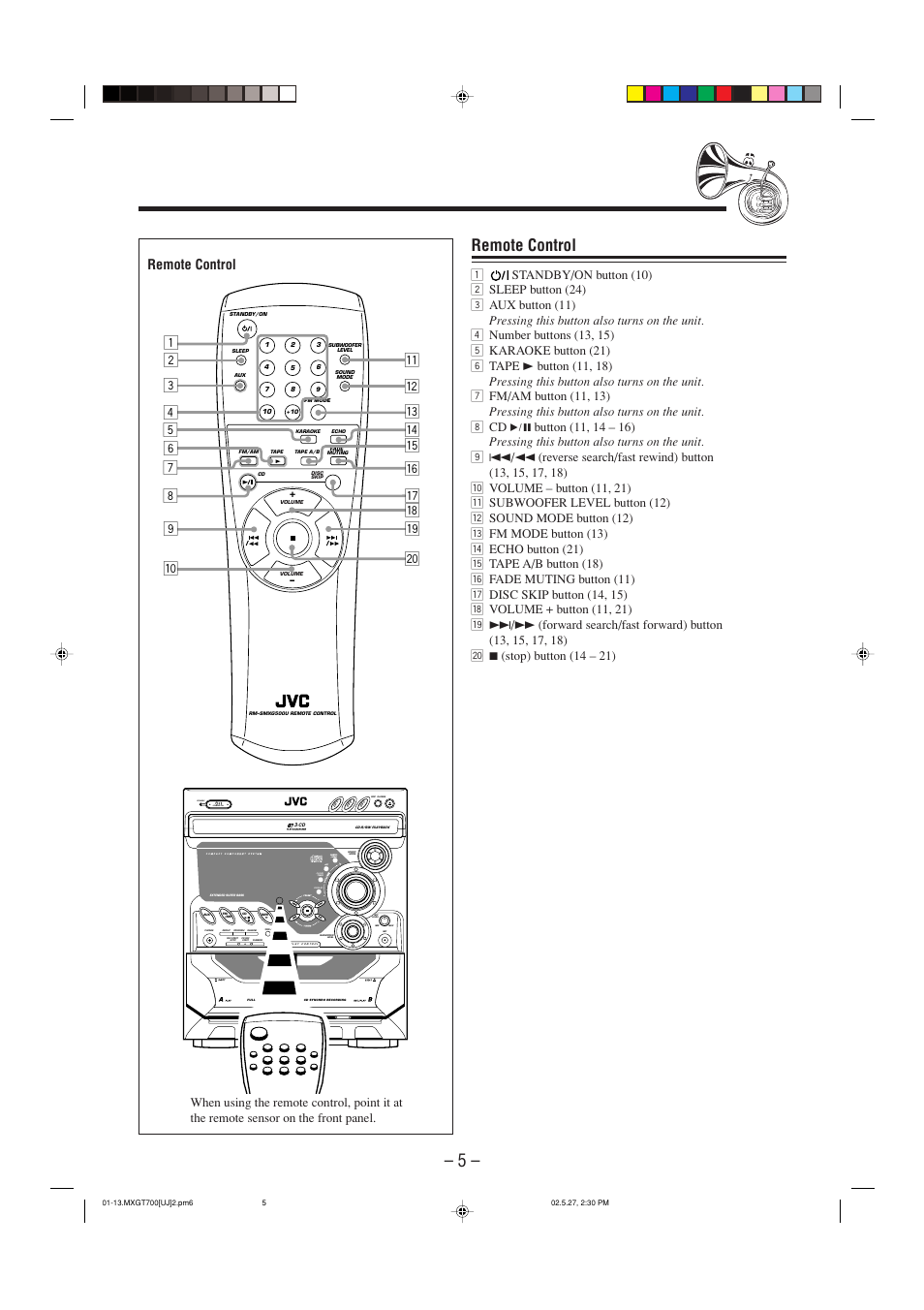 E5 7 6 r y, Remote control, Standby/on standby | JVC CA-MXGT700 User Manual | Page 8 / 70