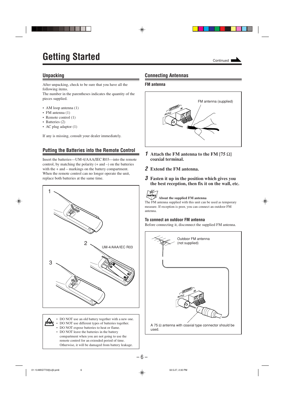 Getting started, Unpacking, Putting the batteries into the remote control | Connecting antennas | JVC CA-MXGT700 User Manual | Page 9 / 70