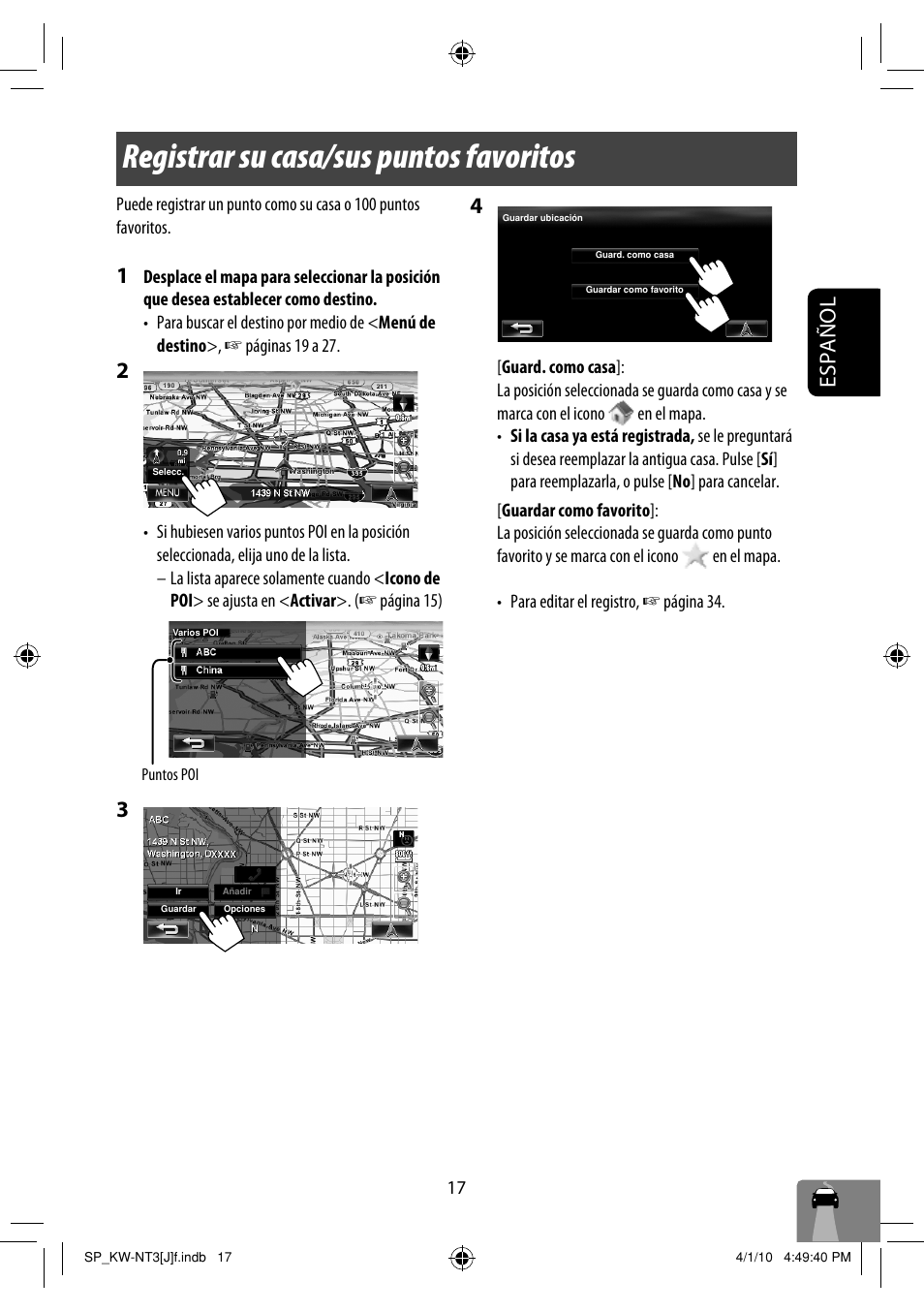 Registrar su casa/sus puntos favoritos, Español | JVC KW-NT3HD User Manual | Page 111 / 281