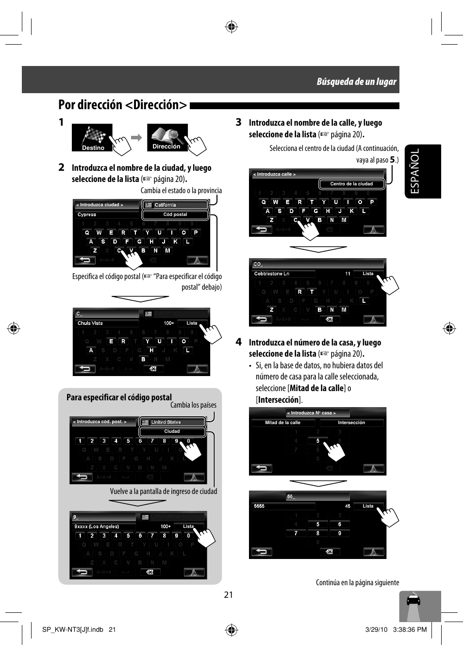 Por dirección <dirección, Español 1, Búsqueda de un lugar | JVC KW-NT3HD User Manual | Page 115 / 281