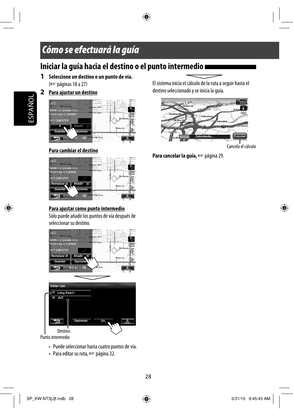 Cómo se efectuará la guía, Español | JVC KW-NT3HD User Manual | Page 122 / 281