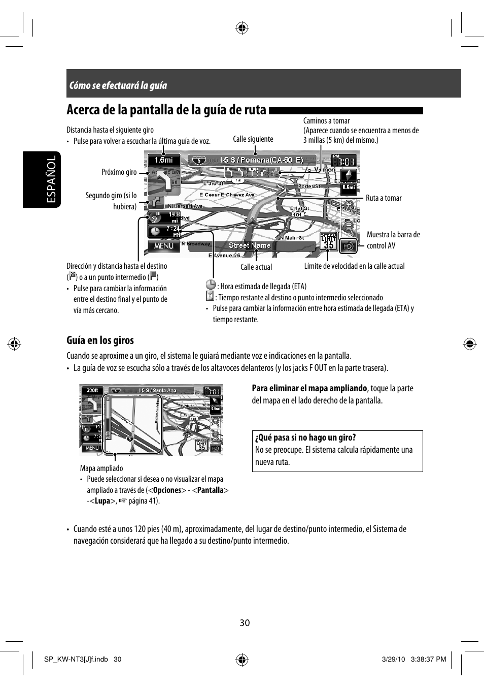 Acerca de la pantalla de la guía de ruta, Español, Guía en los giros | JVC KW-NT3HD User Manual | Page 124 / 281