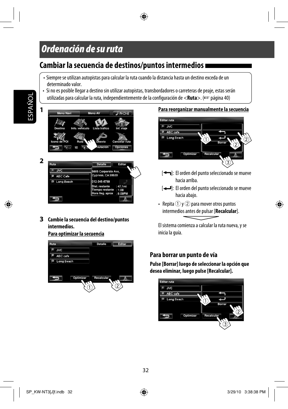 Ordenación de su ruta, Español, Para borrar un punto de vía | JVC KW-NT3HD User Manual | Page 126 / 281