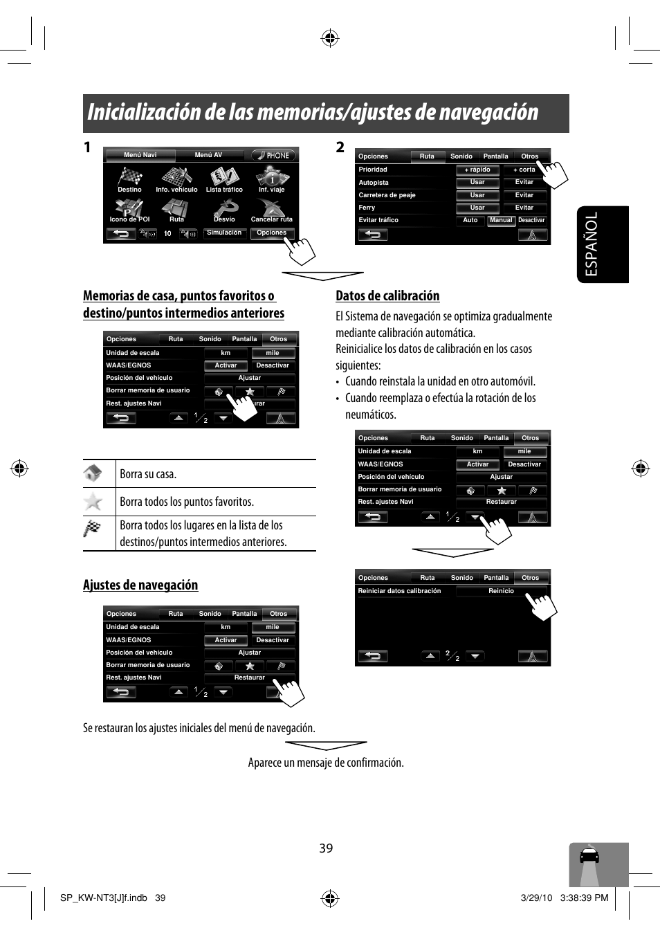 Español, Ajustes de navegación, Datos de calibración | JVC KW-NT3HD User Manual | Page 133 / 281