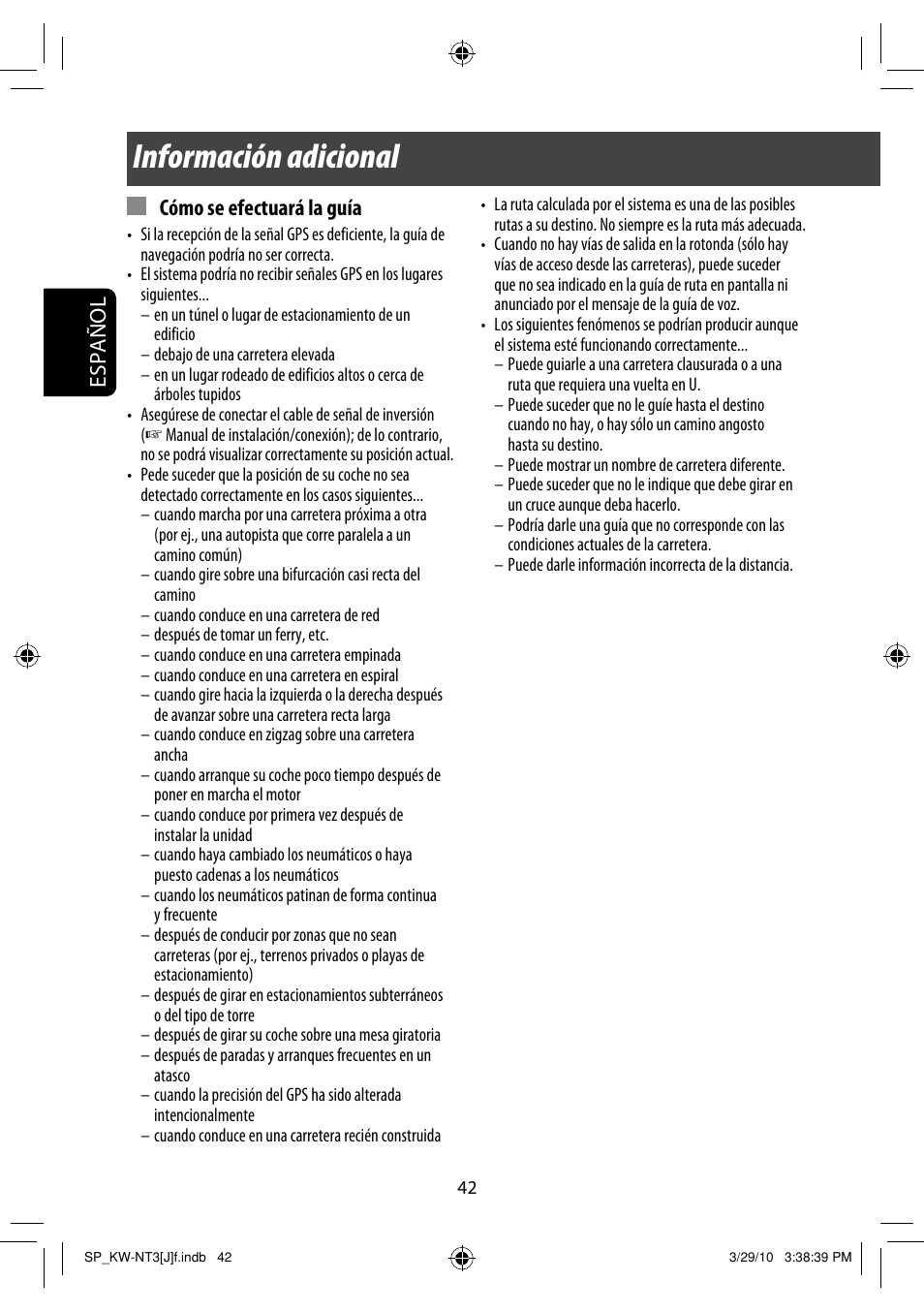 Información adicional, Español, Cómo se efectuará la guía | JVC KW-NT3HD User Manual | Page 136 / 281