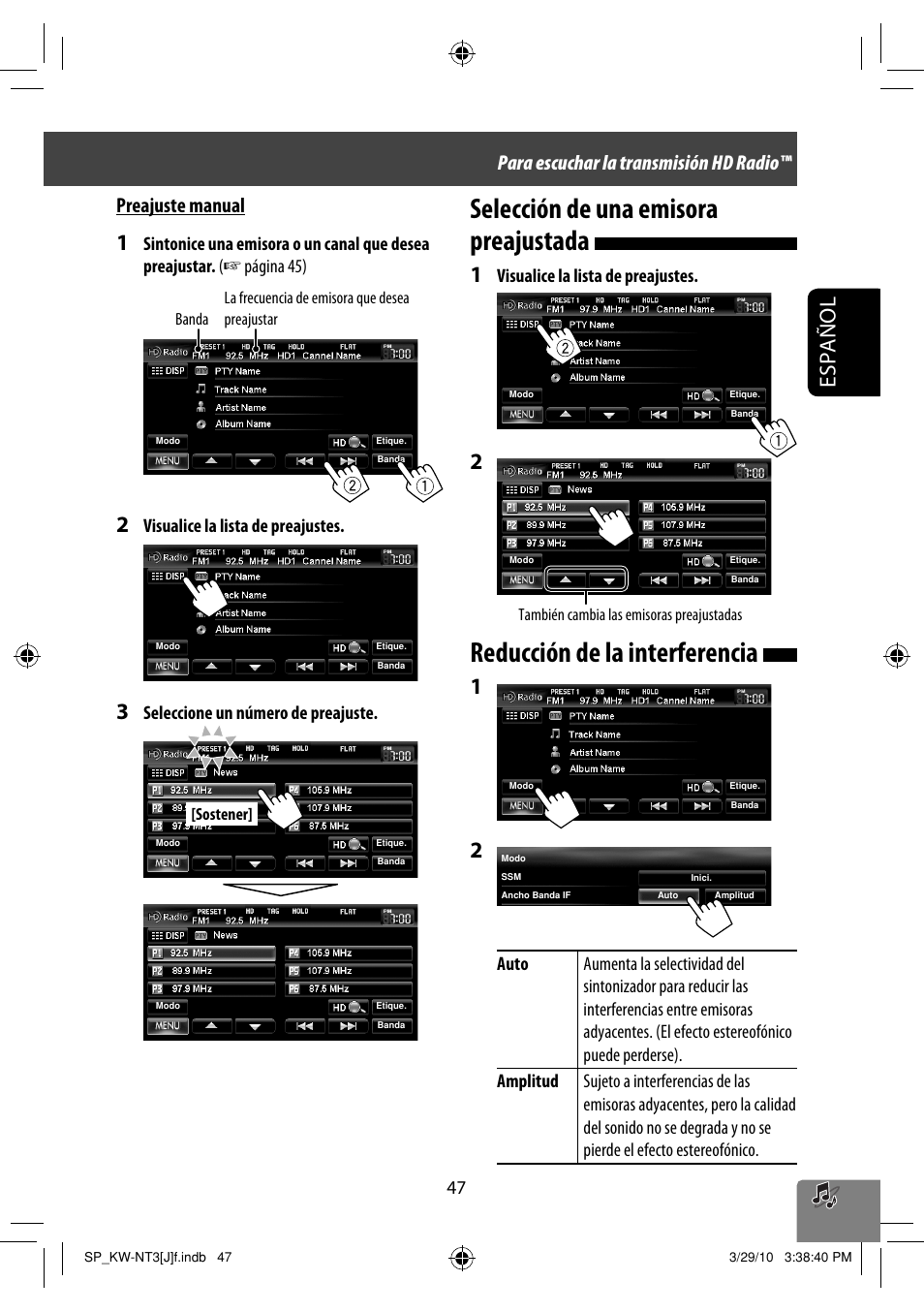 Selección de una emisora preajustada, Reducción de la interferencia, Español | Preajuste manual, Para escuchar la transmisión hd radio, Visualice la lista de preajustes, Seleccione un número de preajuste | JVC KW-NT3HD User Manual | Page 141 / 281