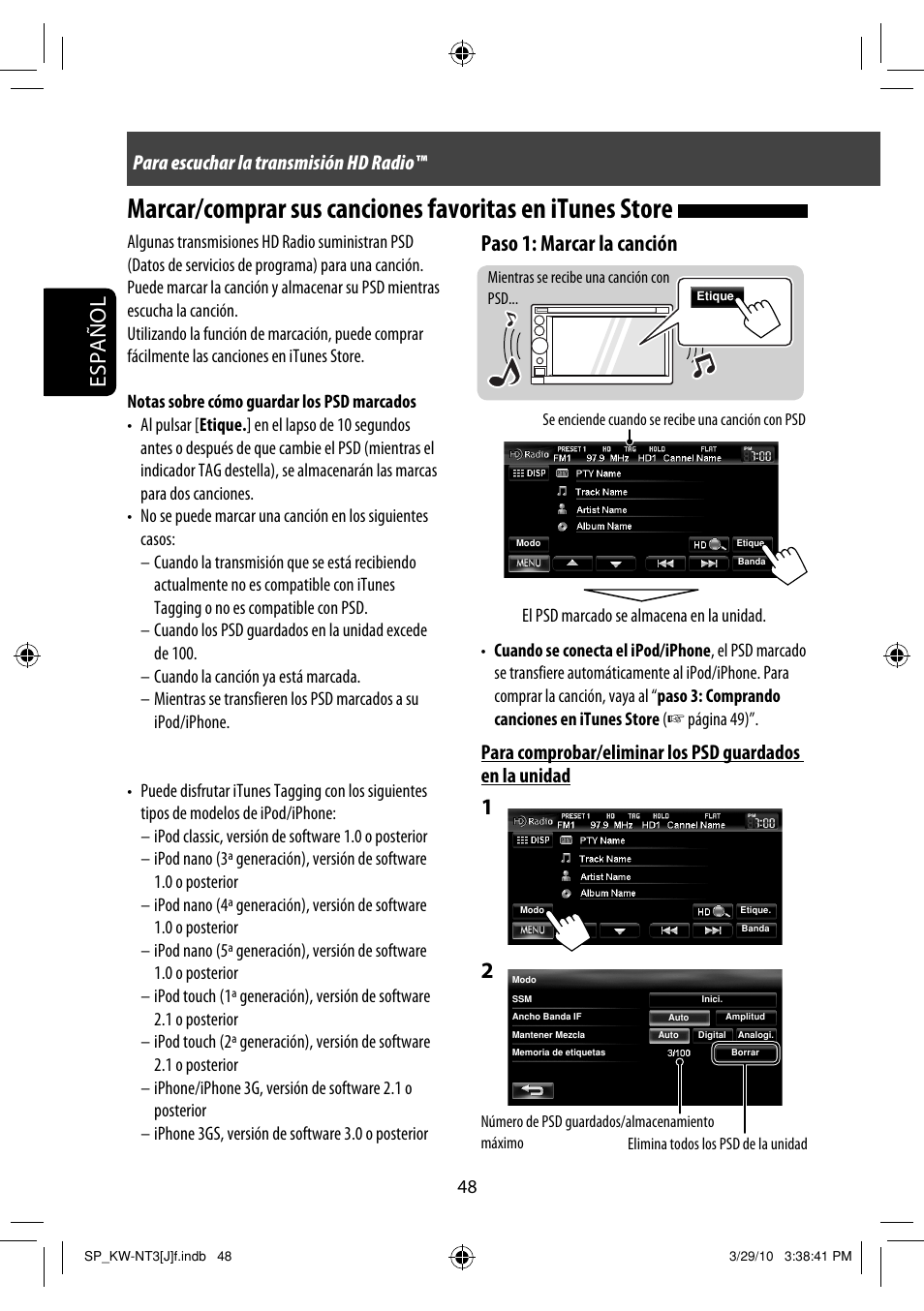 Español, Paso 1: marcar la canción, Para escuchar la transmisión hd radio | JVC KW-NT3HD User Manual | Page 142 / 281