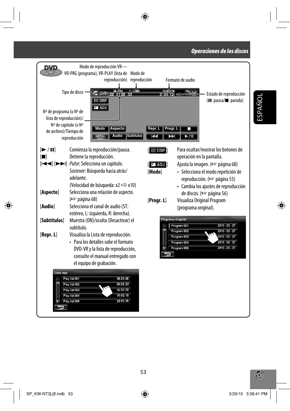 Español, Operaciones de los discos | JVC KW-NT3HD User Manual | Page 147 / 281