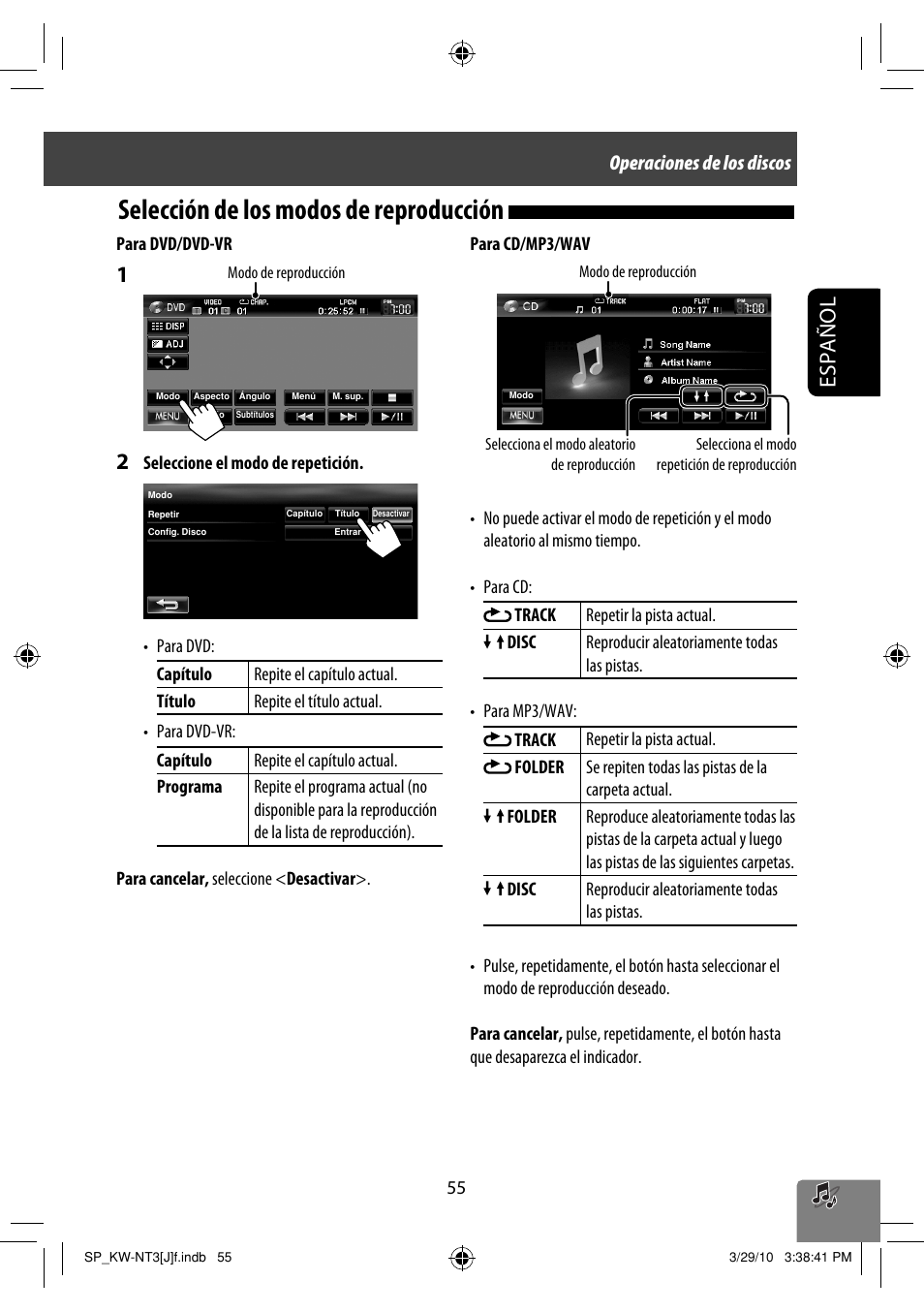 Selección de los modos de reproducción, Español, Operaciones de los discos | JVC KW-NT3HD User Manual | Page 149 / 281
