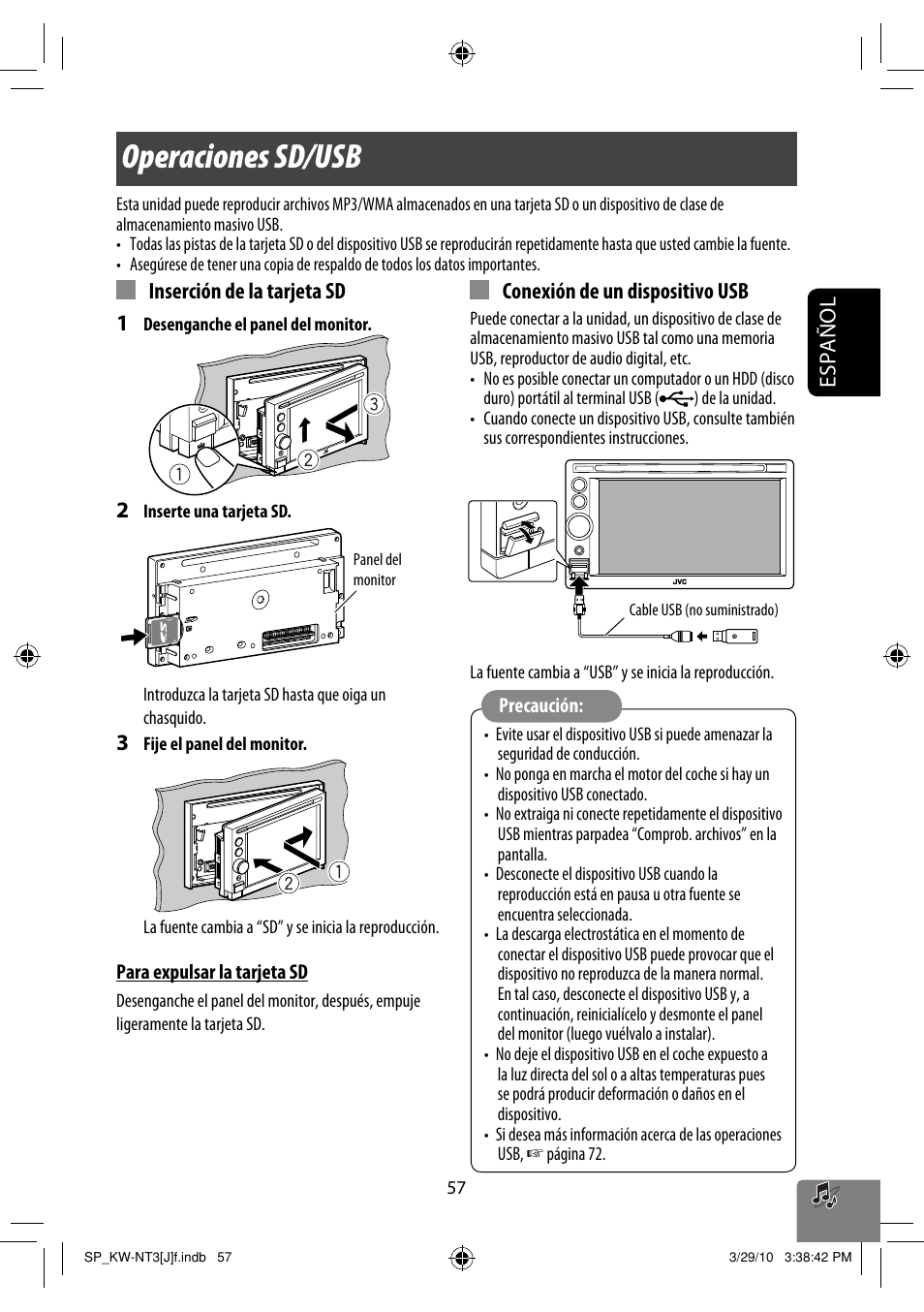 Operaciones sd/usb, Español, Inserción de la tarjeta sd 1 | Conexión de un dispositivo usb | JVC KW-NT3HD User Manual | Page 151 / 281