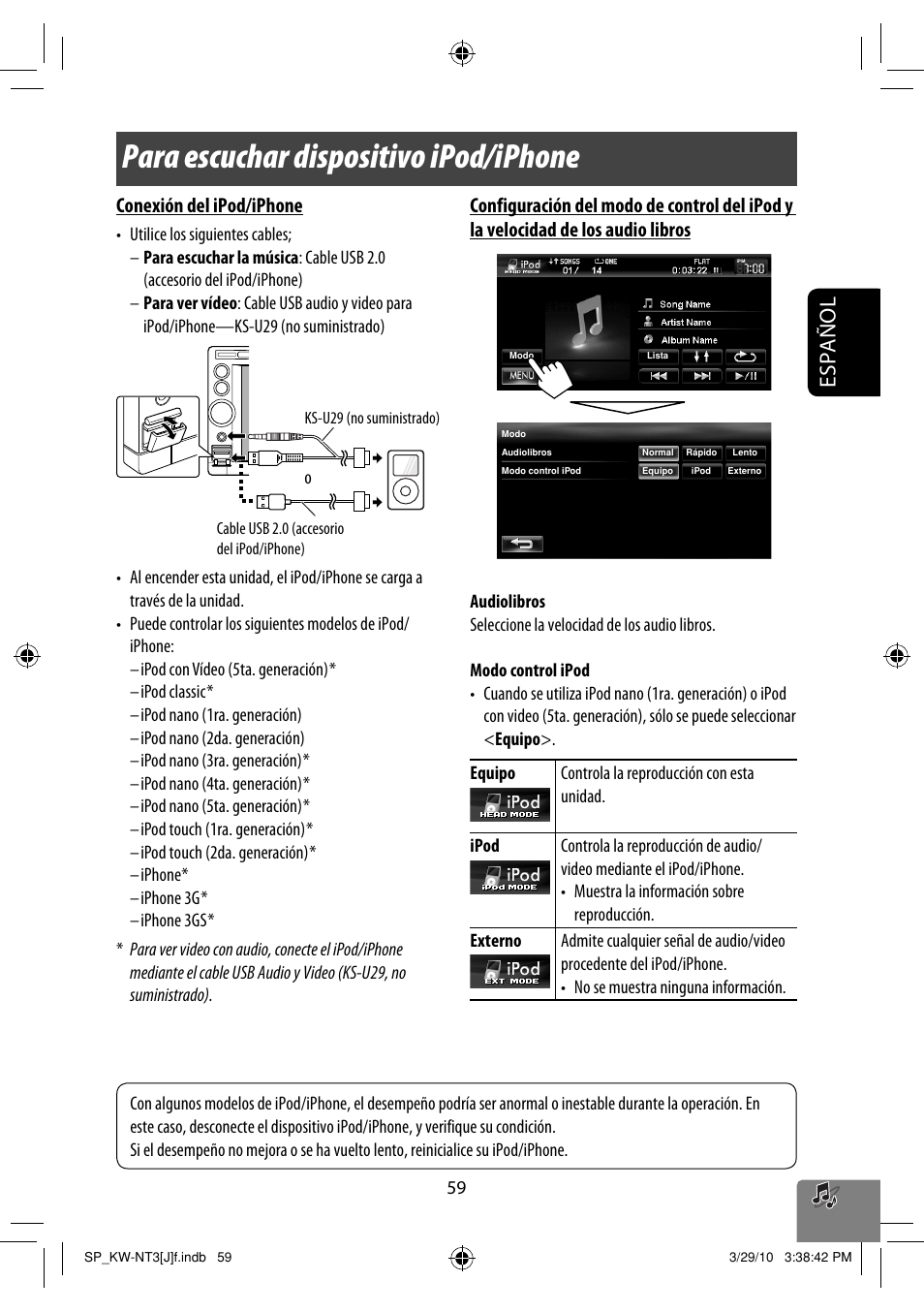 Para escuchar dispositivo ipod/iphone, Español, Conexión del ipod/iphone | JVC KW-NT3HD User Manual | Page 153 / 281