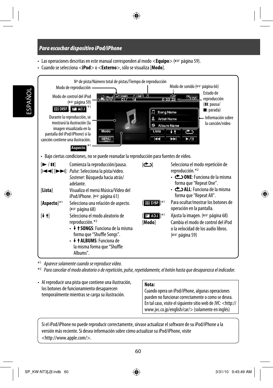 Español, Para escuchar dispositivo ipod/iphone | JVC KW-NT3HD User Manual | Page 154 / 281