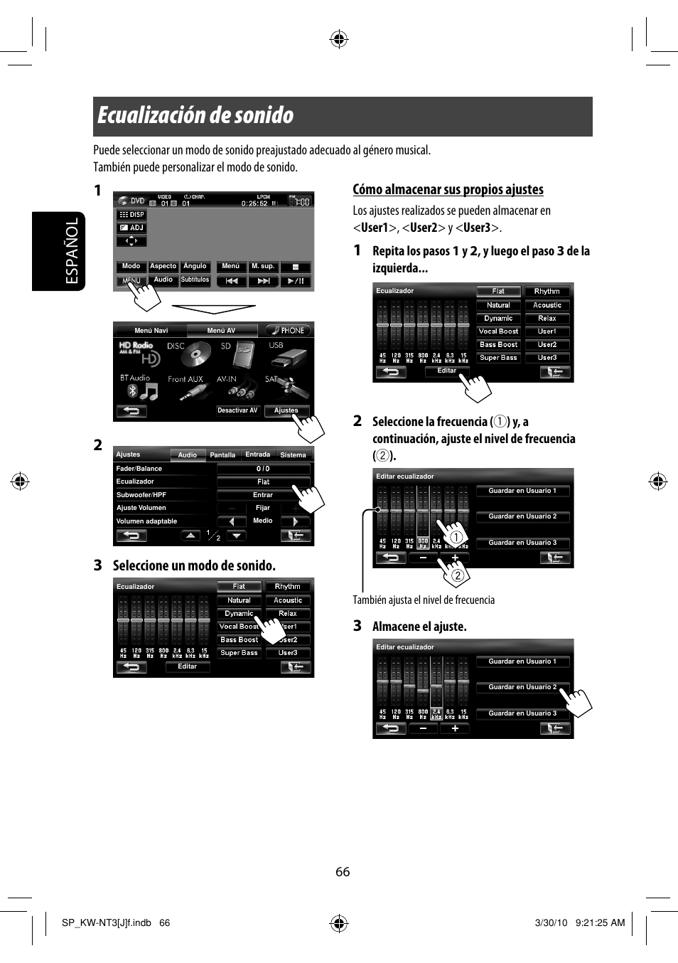 Ecualización de sonido, Español 1, Seleccione un modo de sonido | Cómo almacenar sus propios ajustes, También ajusta el nivel de frecuencia | JVC KW-NT3HD User Manual | Page 160 / 281