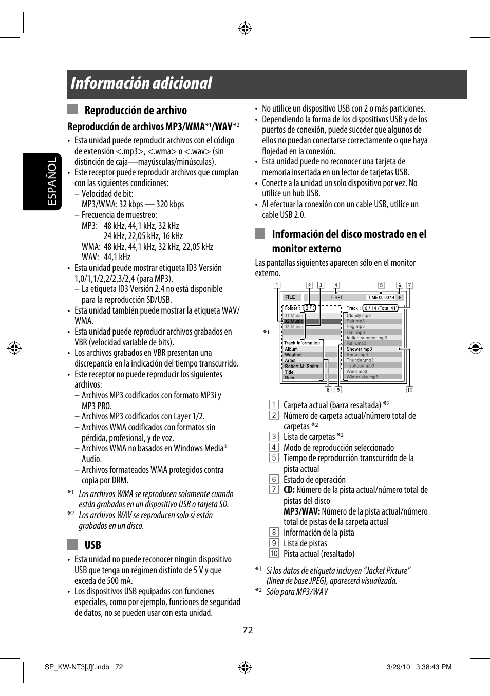 Información adicional, Español, Reproducción de archivo | JVC KW-NT3HD User Manual | Page 166 / 281