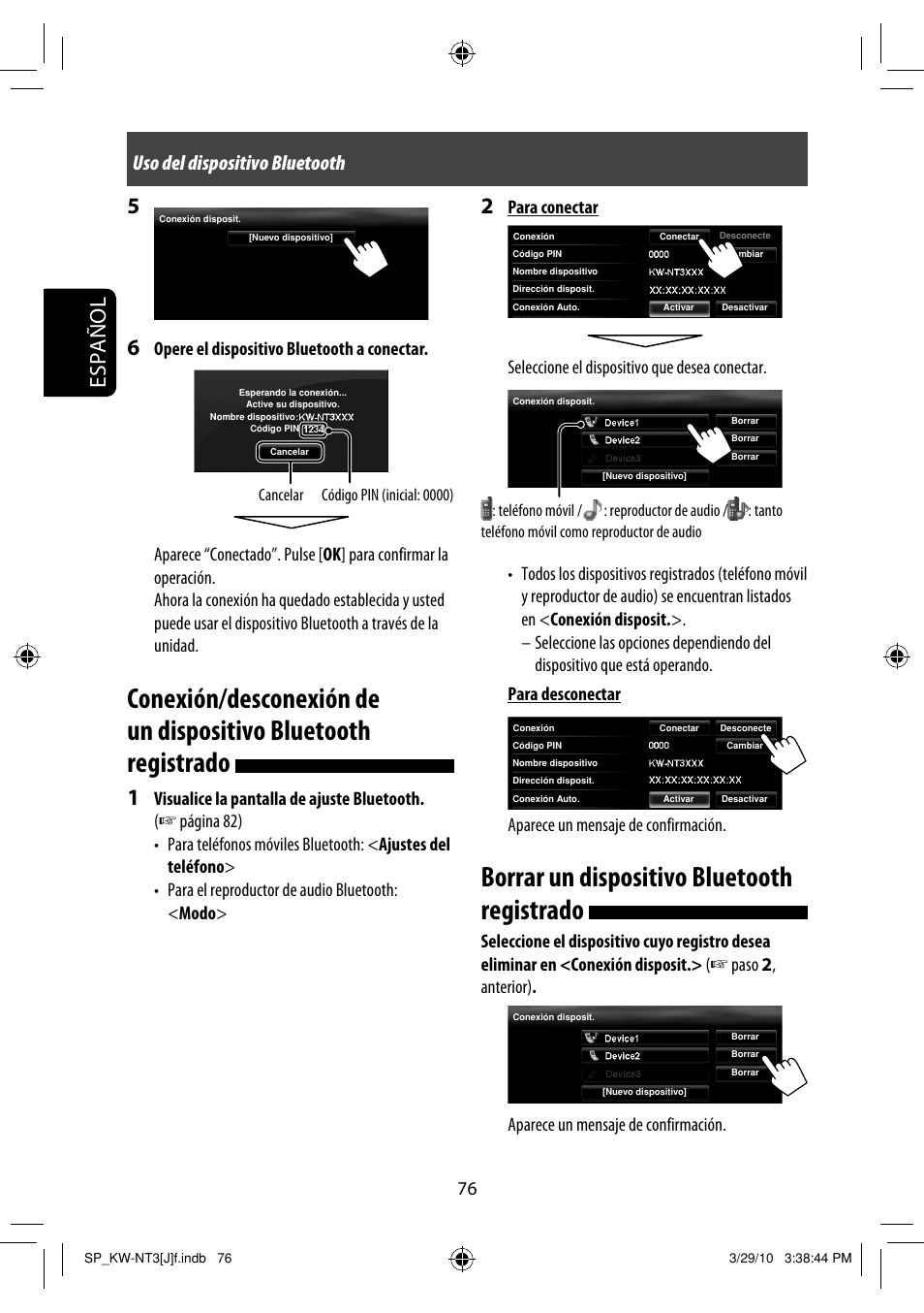 Borrar un dispositivo bluetooth registrado, Español, Uso del dispositivo bluetooth | JVC KW-NT3HD User Manual | Page 170 / 281