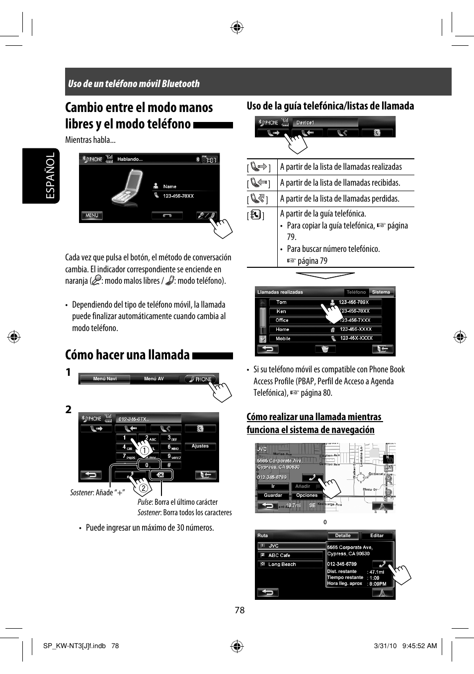 Cómo hacer una llamada, Tentative, Español | Uso de la guía telefónica/listas de llamada, Uso de un teléfono móvil bluetooth | JVC KW-NT3HD User Manual | Page 172 / 281