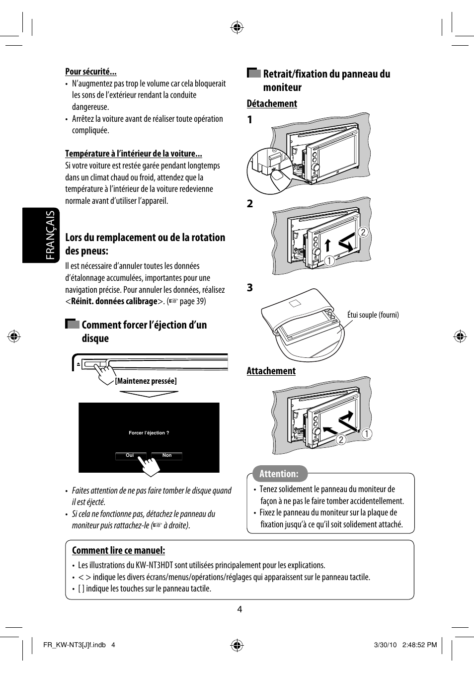 Français, Retrait/fixation du panneau du moniteur, Lors du remplacement ou de la rotation des pneus | Comment forcer l’éjection d’un disque | JVC KW-NT3HD User Manual | Page 190 / 281