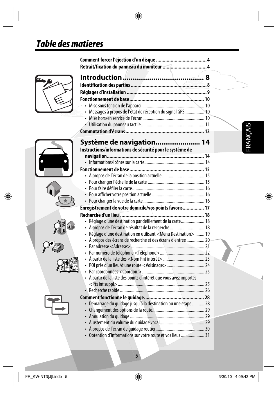 Table des matieres, Introduction, Système de navigation | Français | JVC KW-NT3HD User Manual | Page 191 / 281