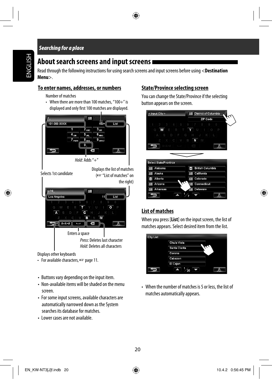 About search screens and input screens, English | JVC KW-NT3HD User Manual | Page 20 / 281