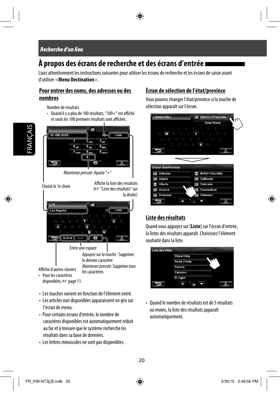 Français, Recherche d’un lieu, Écran de sélection de l’état/province | Liste des résultats, Pour entrer des noms, des adresses ou des nombres | JVC KW-NT3HD User Manual | Page 206 / 281