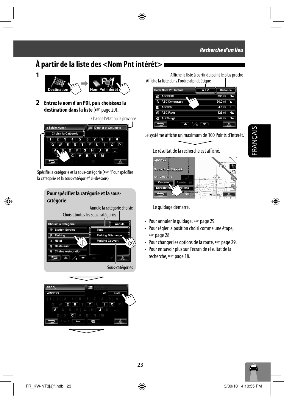 À partir de la liste des <nom pnt intérêt, Français, Recherche d’un lieu | Pour spécifier la catégorie et la sous- catégorie | JVC KW-NT3HD User Manual | Page 209 / 281