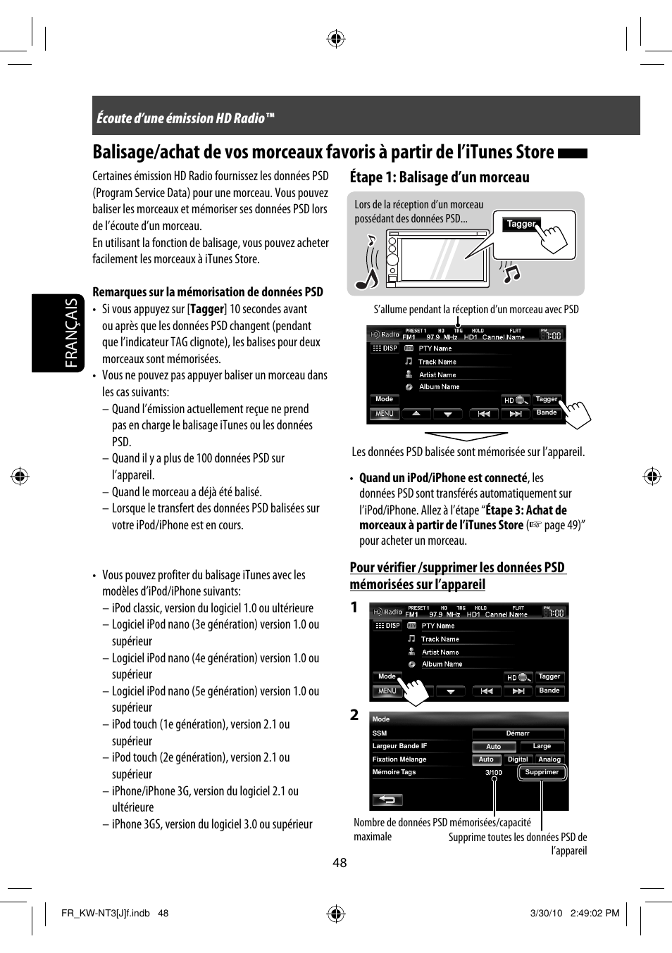 Français, Étape 1: balisage d’un morceau, Écoute d’une émission hd radio | JVC KW-NT3HD User Manual | Page 234 / 281