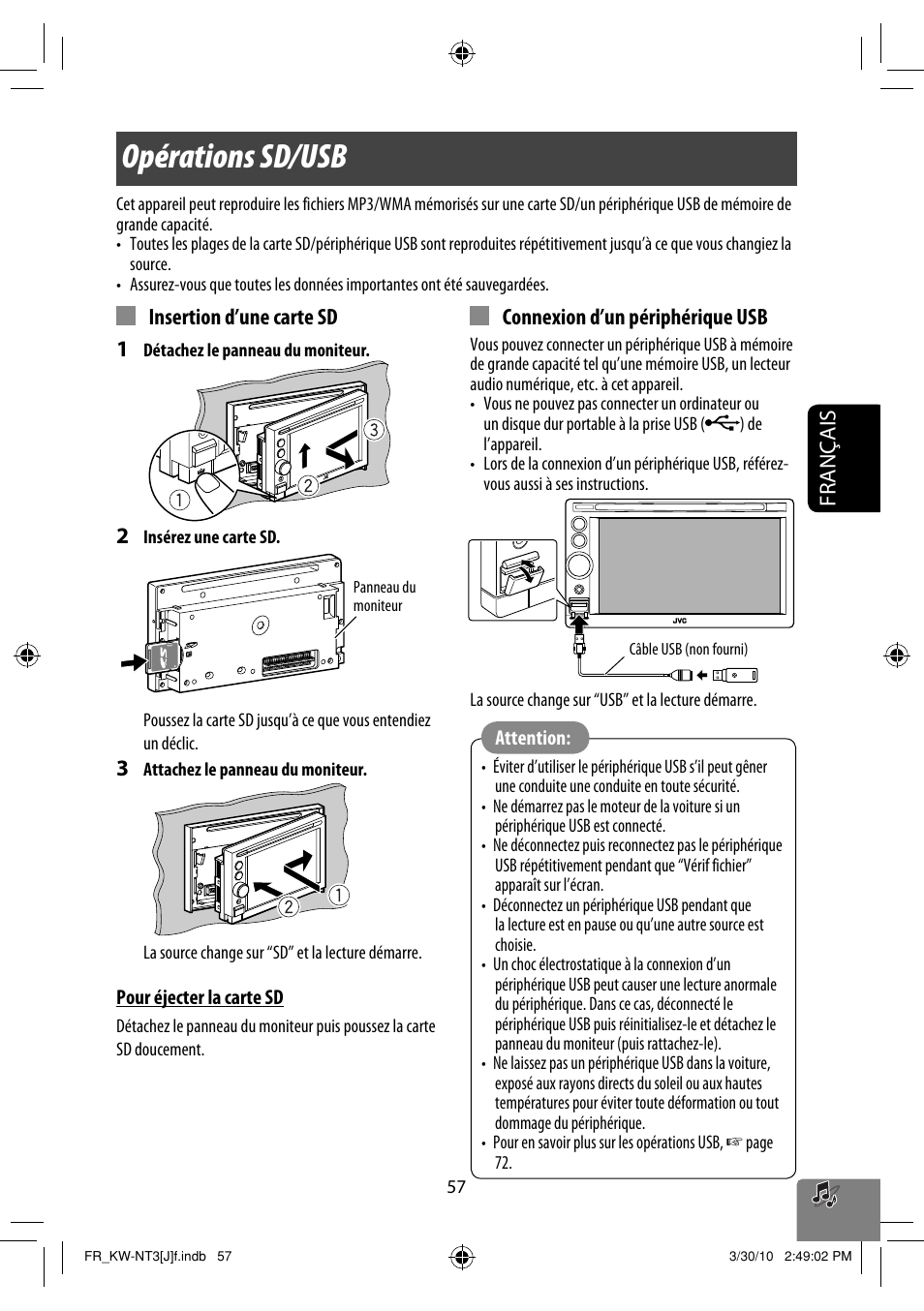 Opérations sd/usb, Français, Insertion d’une carte sd 1 | Connexion d’un périphérique usb | JVC KW-NT3HD User Manual | Page 243 / 281