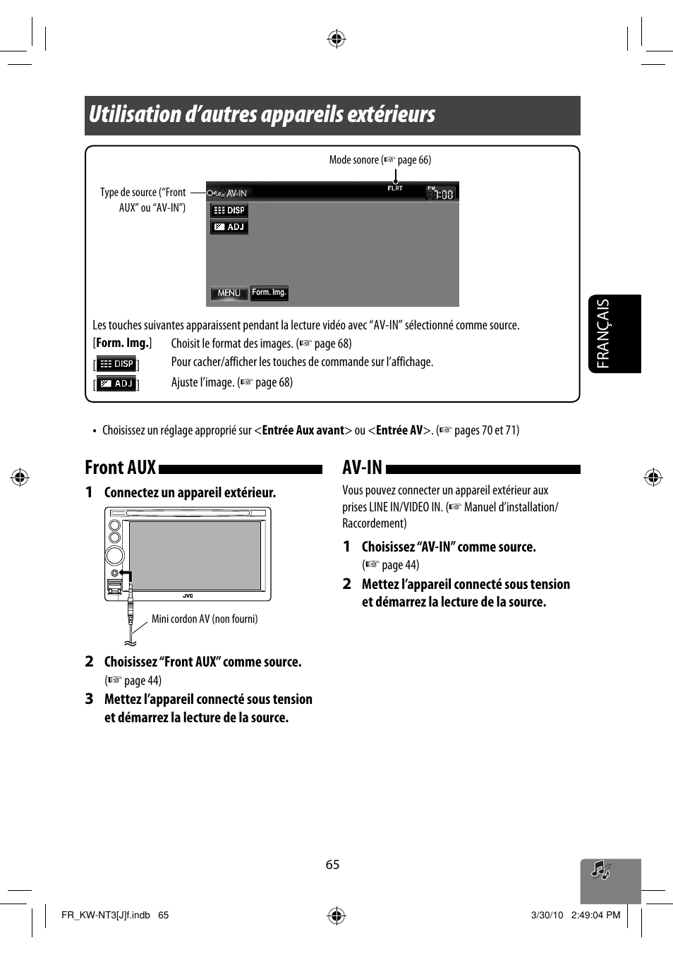 Utilisation d’autres appareils extérieurs, Front aux, Av-in | JVC KW-NT3HD User Manual | Page 251 / 281