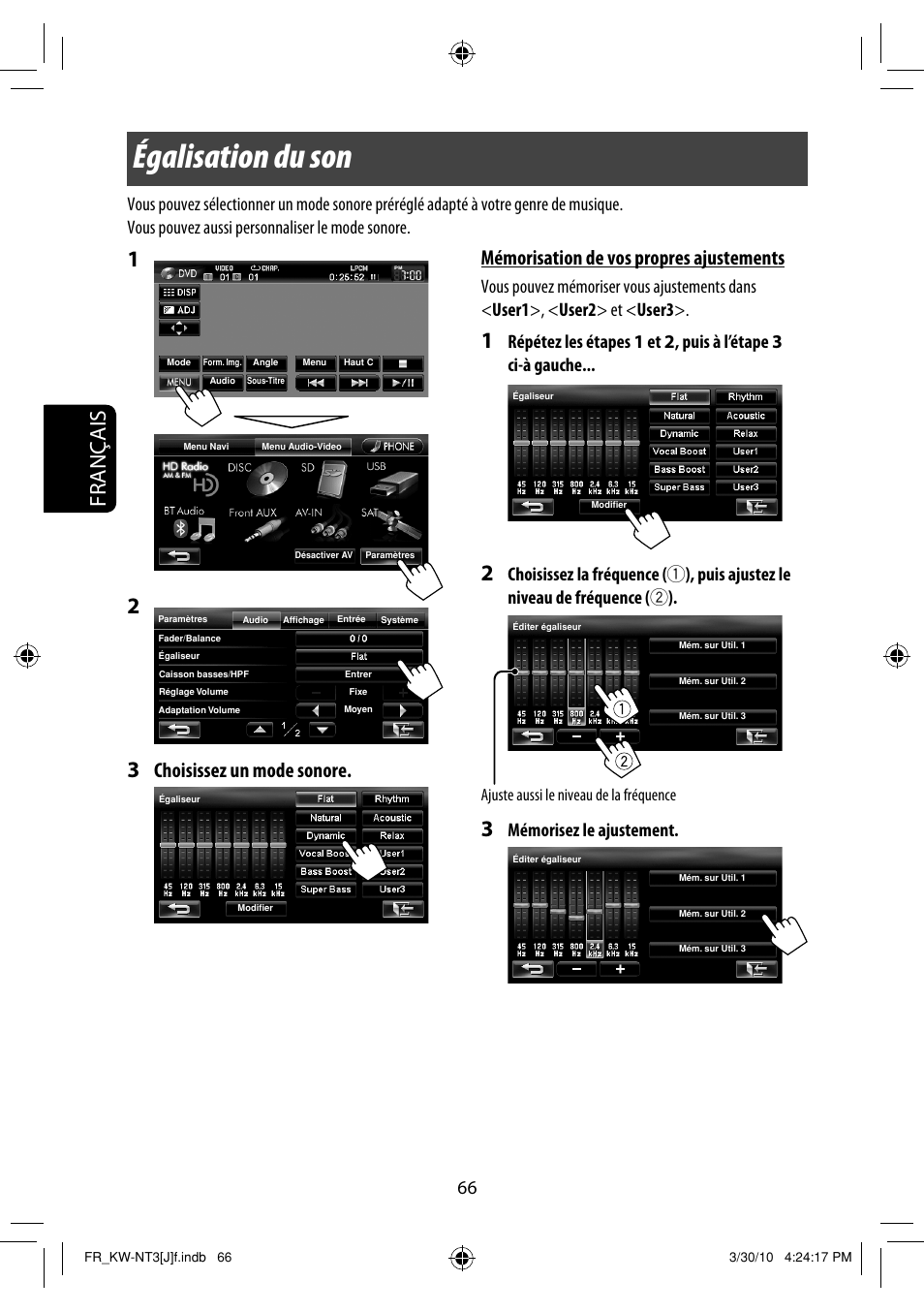 Égalisation du son, Français 1, Choisissez un mode sonore | Mémorisation de vos propres ajustements, Ajuste aussi le niveau de la fréquence | JVC KW-NT3HD User Manual | Page 252 / 281