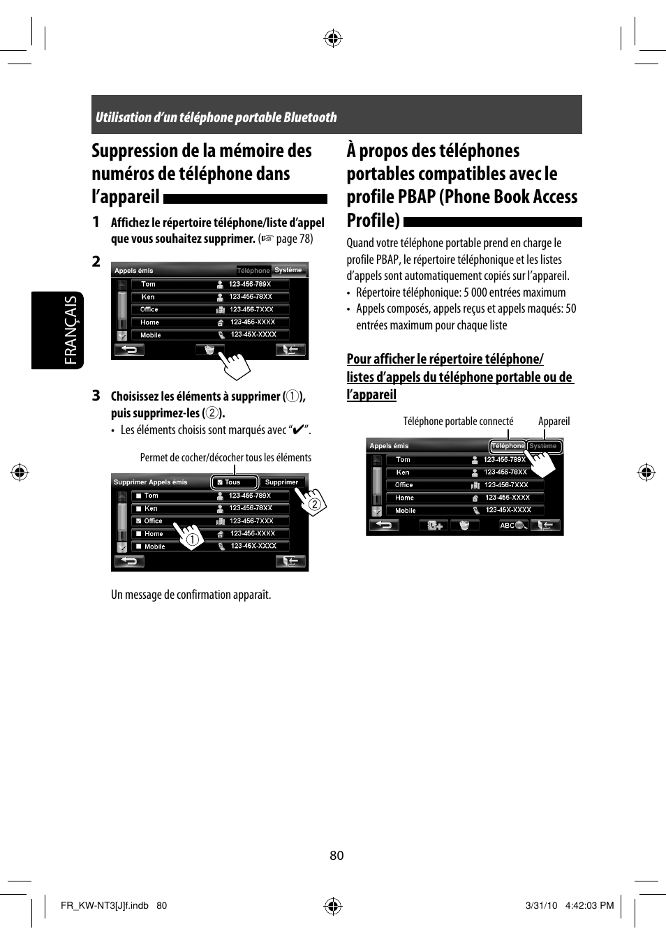 Tentative, Français, Utilisation d’un téléphone portable bluetooth | JVC KW-NT3HD User Manual | Page 266 / 281