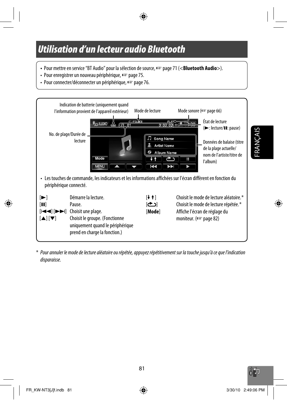 Utilisation d’un lecteur audio bluetooth, Français | JVC KW-NT3HD User Manual | Page 267 / 281