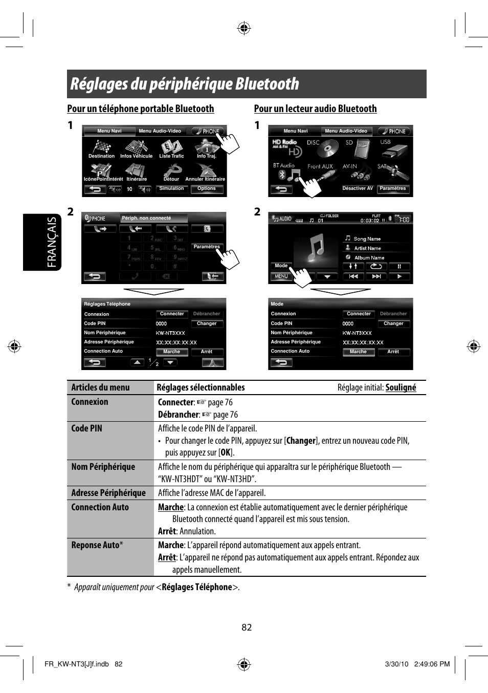 Réglages du périphérique bluetooth, Français, Pour un téléphone portable bluetooth | Pour un lecteur audio bluetooth | JVC KW-NT3HD User Manual | Page 268 / 281