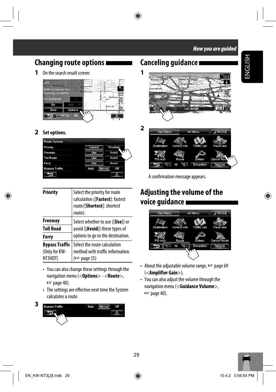Changing route options, Canceling guidance, Adjusting the volume of the voice guidance | JVC KW-NT3HD User Manual | Page 29 / 281