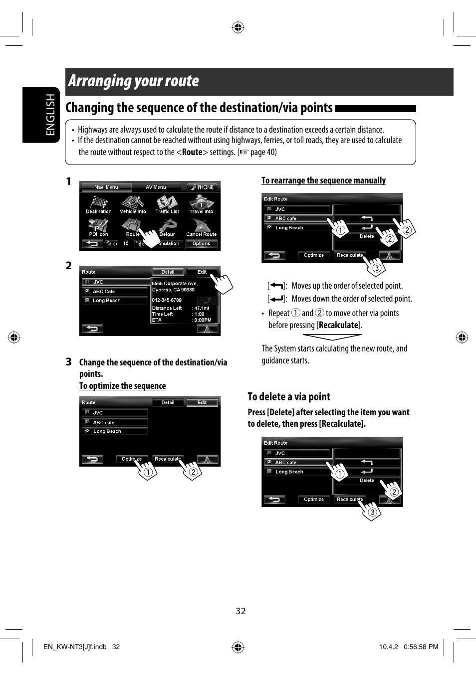 Arranging your route | JVC KW-NT3HD User Manual | Page 32 / 281