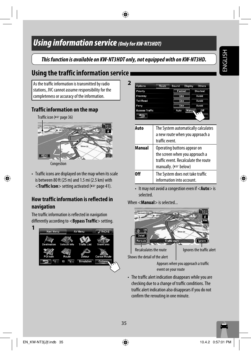 Using information service (only for kw-nt3hdt), Using the traffic information service, Using information service | English, Traffic information on the map, How traffic information is reflected in navigation | JVC KW-NT3HD User Manual | Page 35 / 281