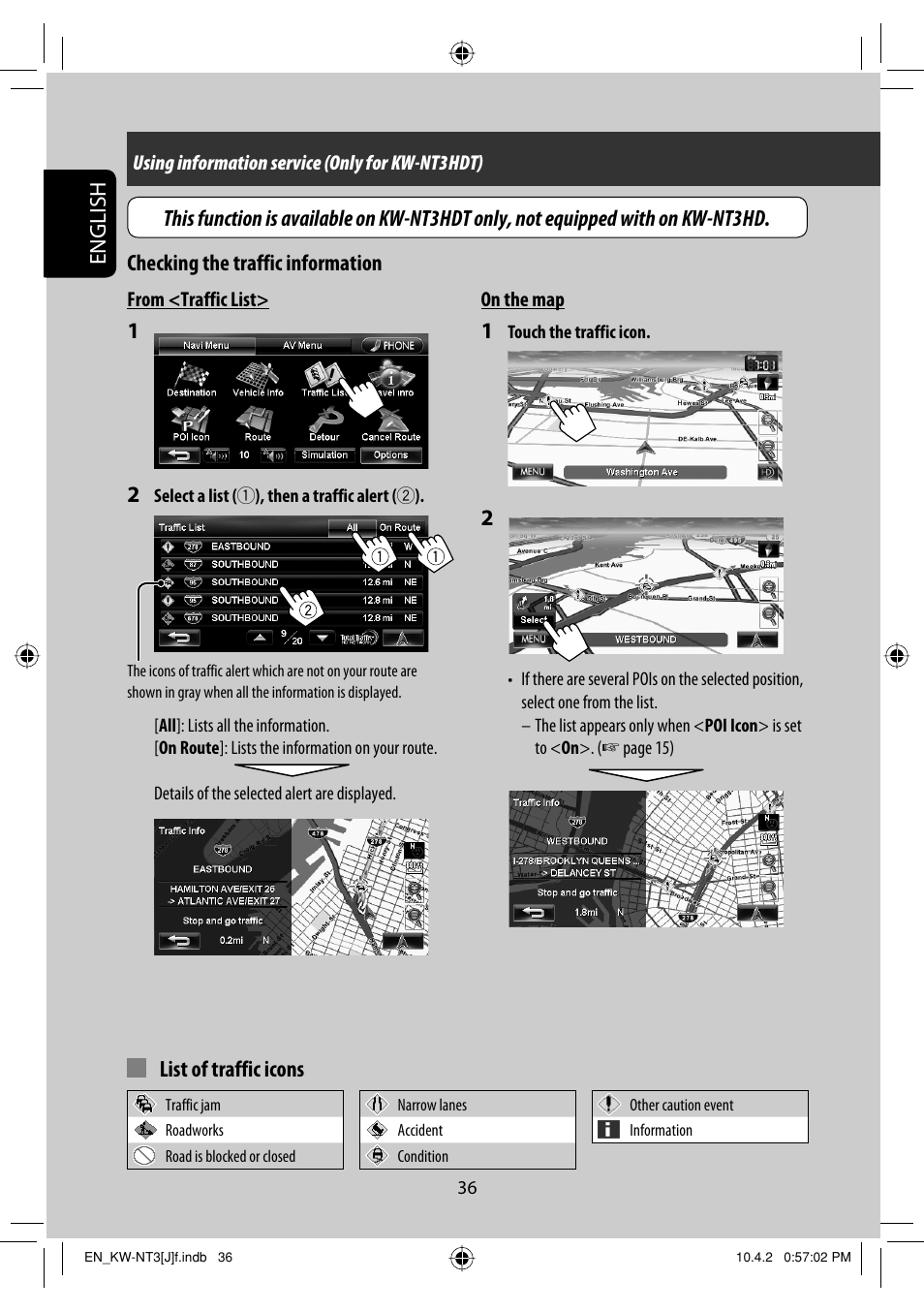 English, List of traffic icons | JVC KW-NT3HD User Manual | Page 36 / 281