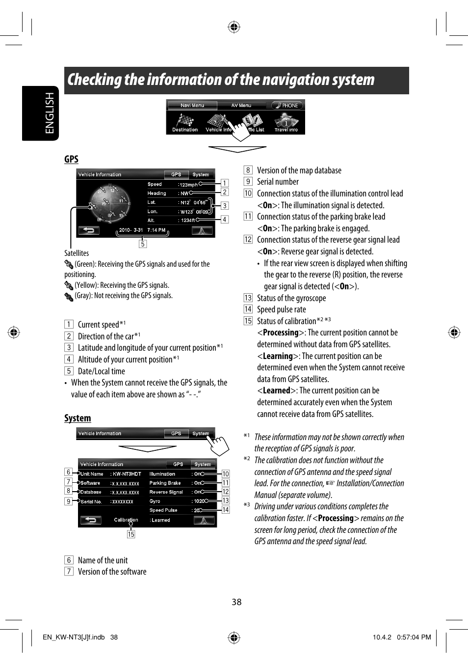 Checking the information of the navigation system, English, System | JVC KW-NT3HD User Manual | Page 38 / 281