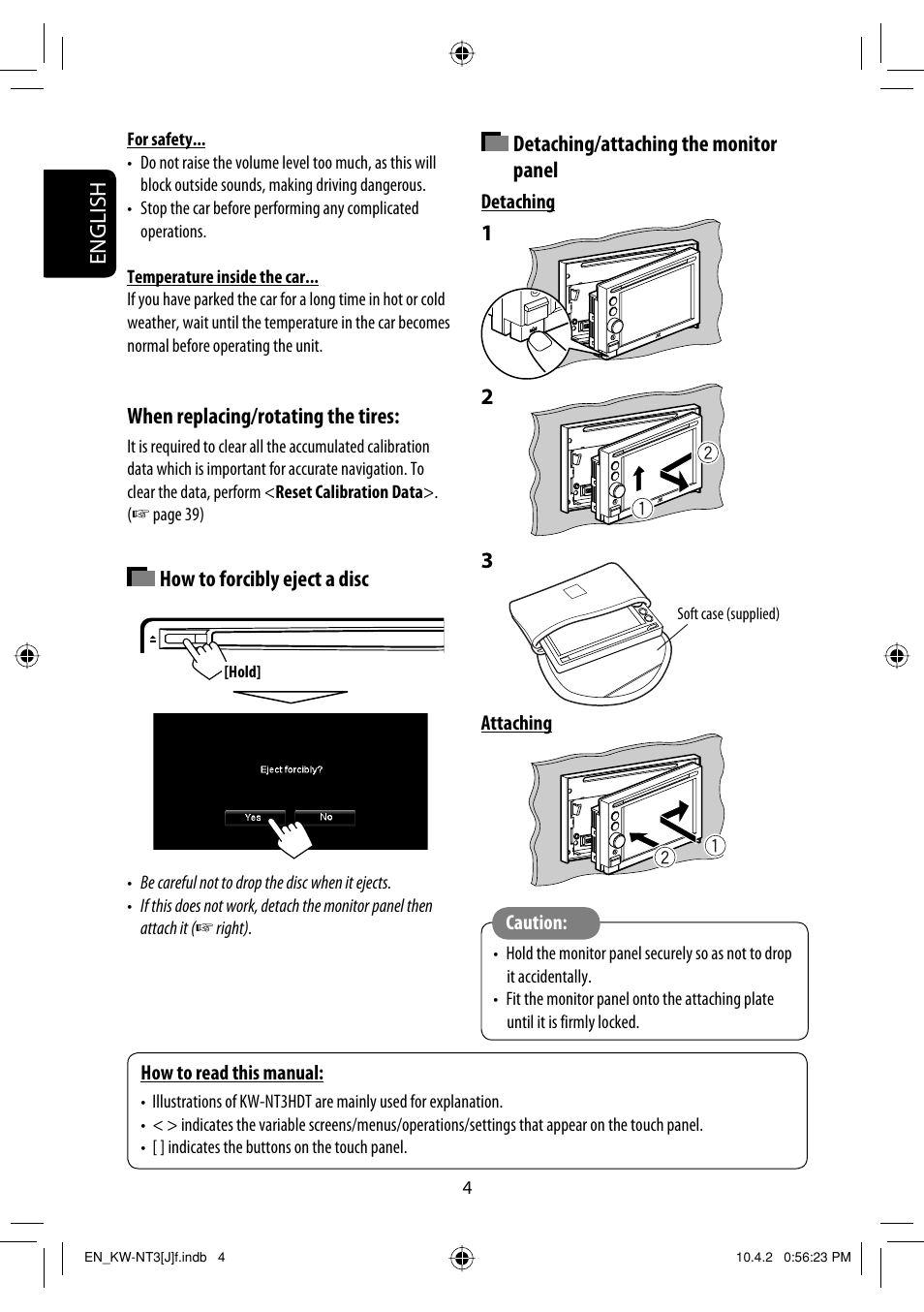 How to forcibly eject a disc, Detaching/attaching the monitor panel, English | When replacing/rotating the tires | JVC KW-NT3HD User Manual | Page 4 / 281