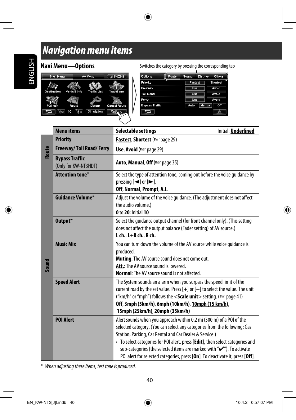 Navigation menu items, English navi menu —options | JVC KW-NT3HD User Manual | Page 40 / 281