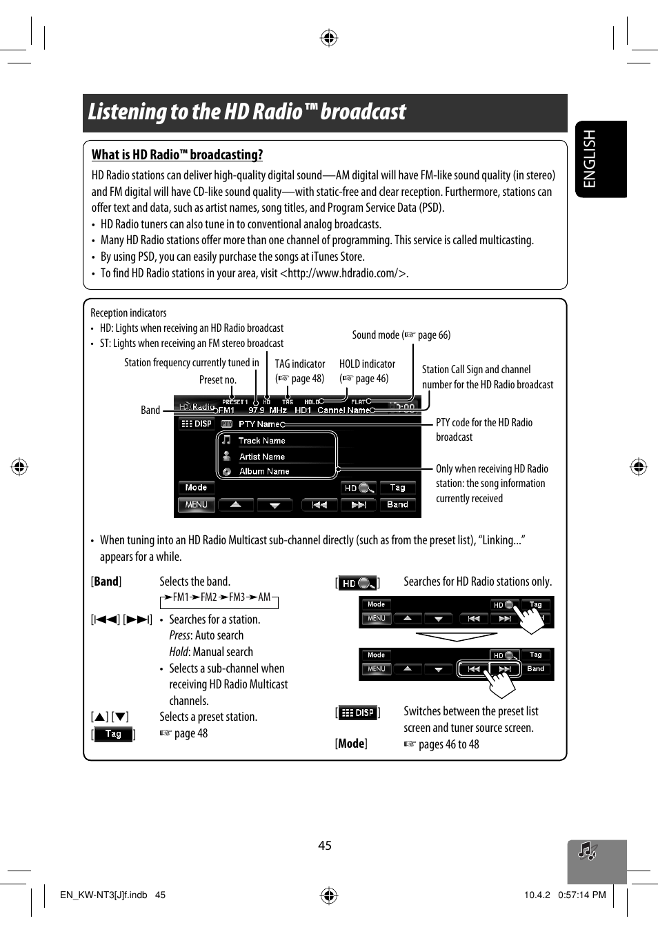 Listening to the hd radio™ broadcast, English | JVC KW-NT3HD User Manual | Page 45 / 281