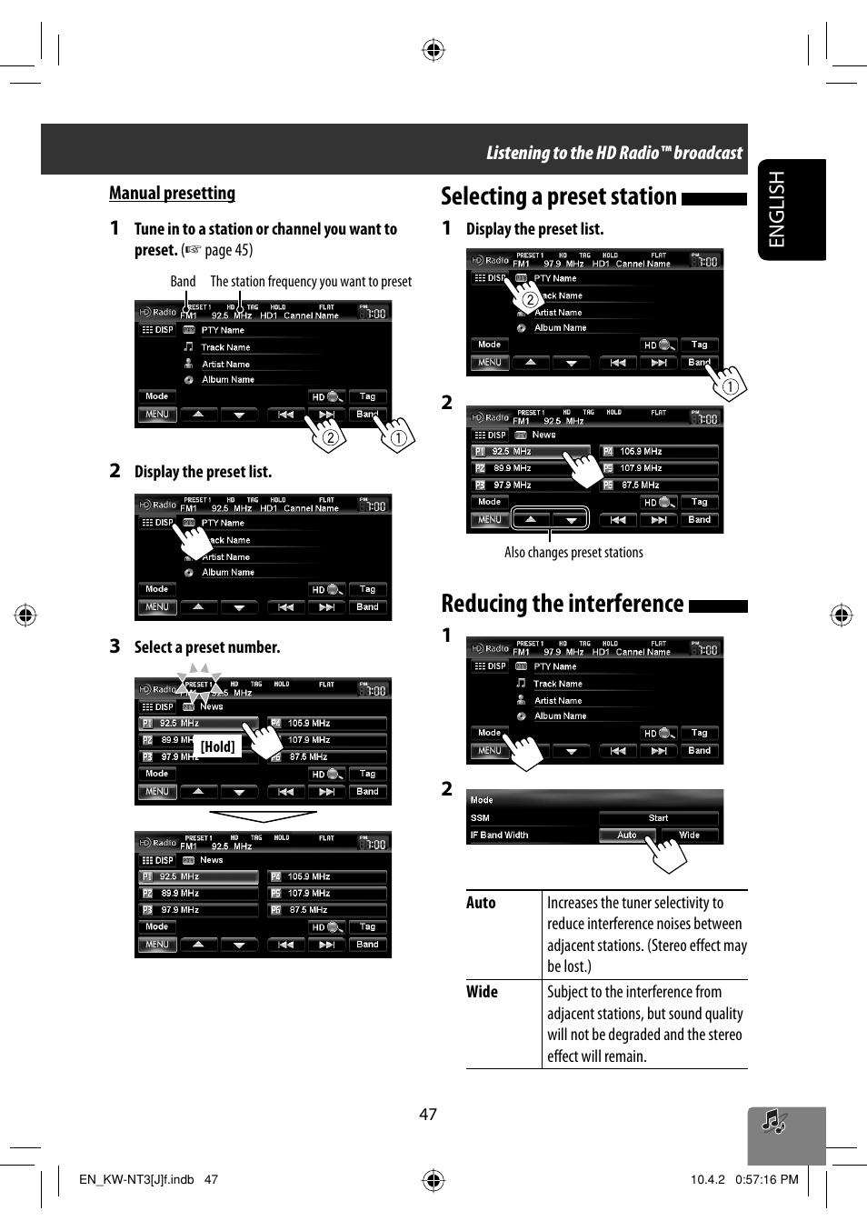 Selecting a preset station, Reducing the interference | JVC KW-NT3HD User Manual | Page 47 / 281