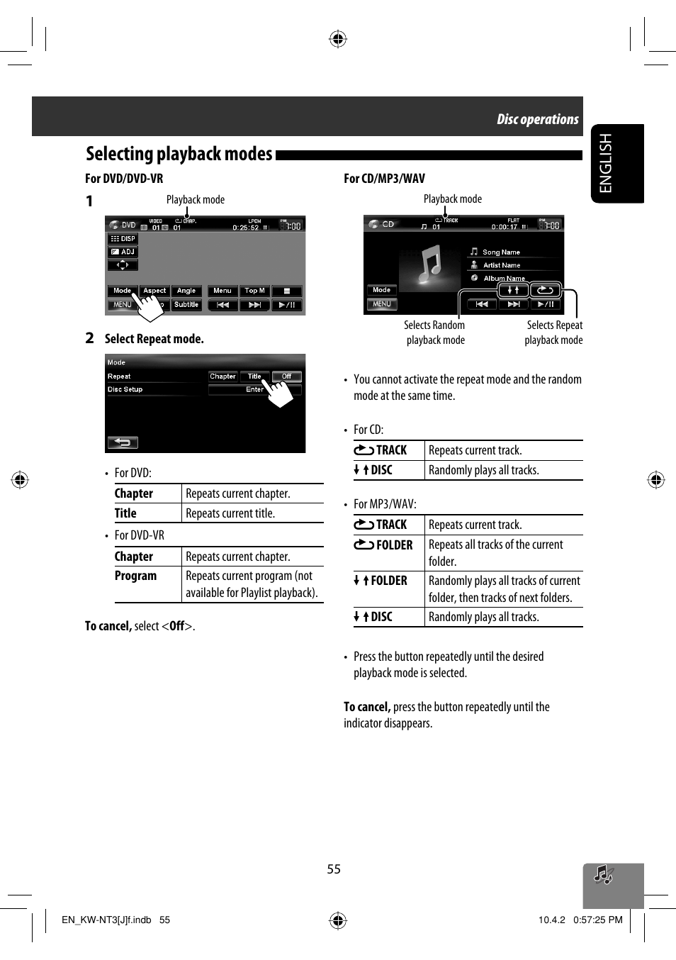 Selecting playback modes, English | JVC KW-NT3HD User Manual | Page 55 / 281