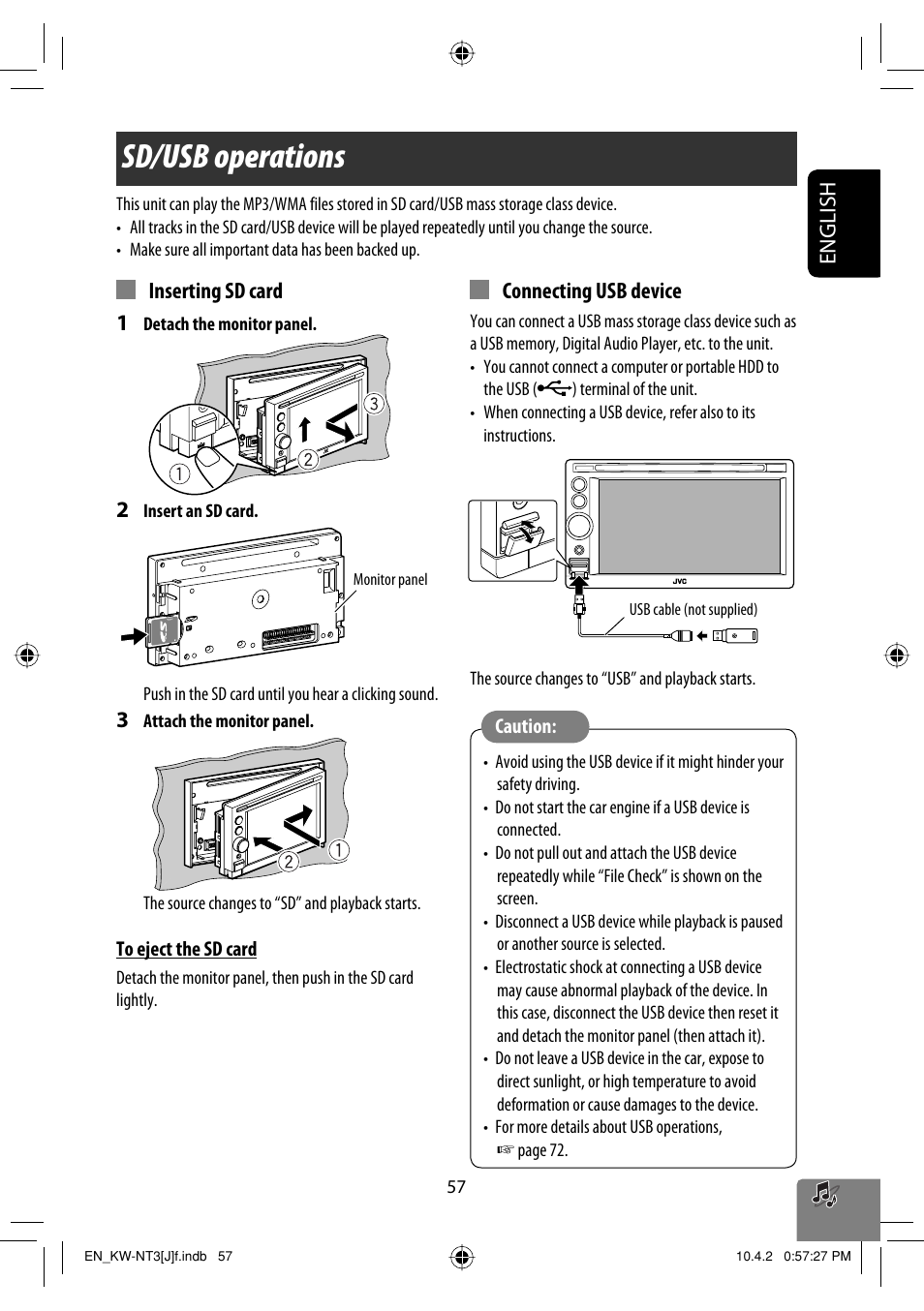 Sd/usb operations, English, Inserting sd card 1 | Connecting usb device | JVC KW-NT3HD User Manual | Page 57 / 281