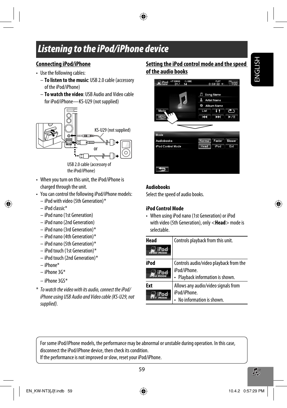 Listening to the ipod/iphone device, English | JVC KW-NT3HD User Manual | Page 59 / 281