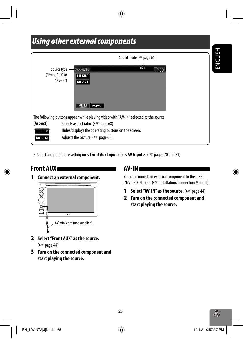 Using other external components, Front aux, Av-in | JVC KW-NT3HD User Manual | Page 65 / 281